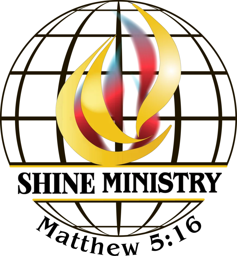 Shine Ministry logo featuring three gold and red flame shapes in front of a brown globe outline, with bold black SHINE MINISTRY text and gold underline, representing light, global outreach, and faith