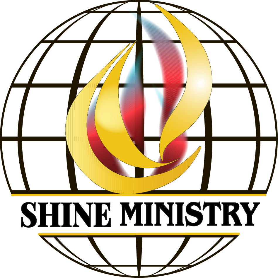 Shine Ministry logo – stylized gold flame over a world globe outline, with bold SHINE MINISTRY text and gold bars.
